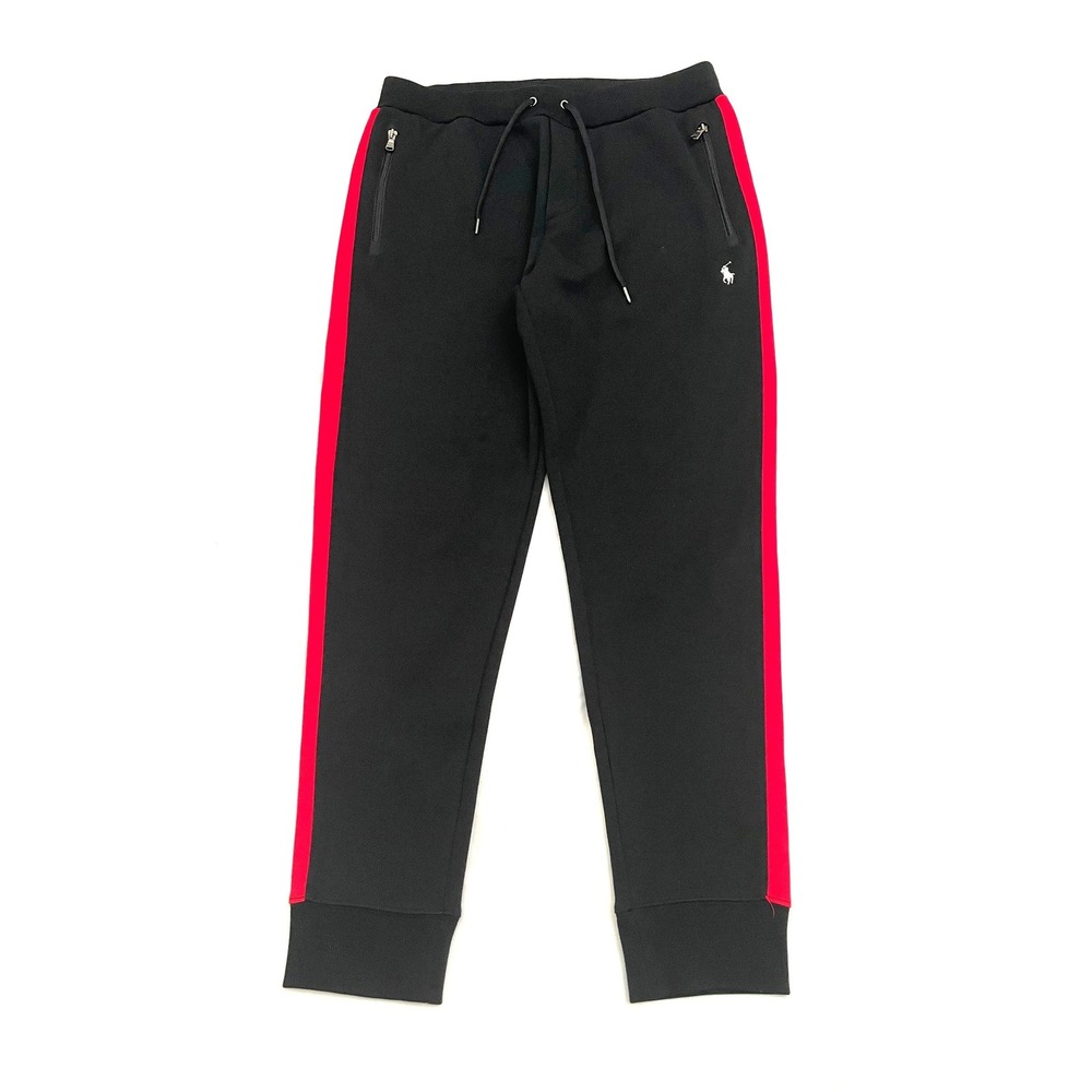 Polo Ralph Lauren Double-Knit Jogger Pants Medium Black Red Side Stripe